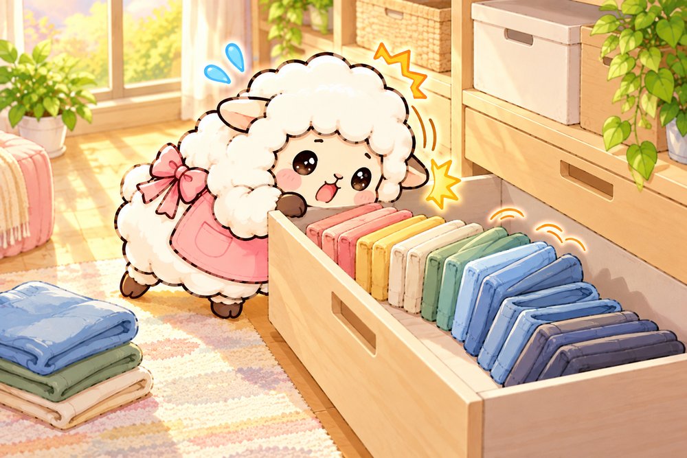 立てたズボンの列にぶつかってドミノになるひつじのナビ助