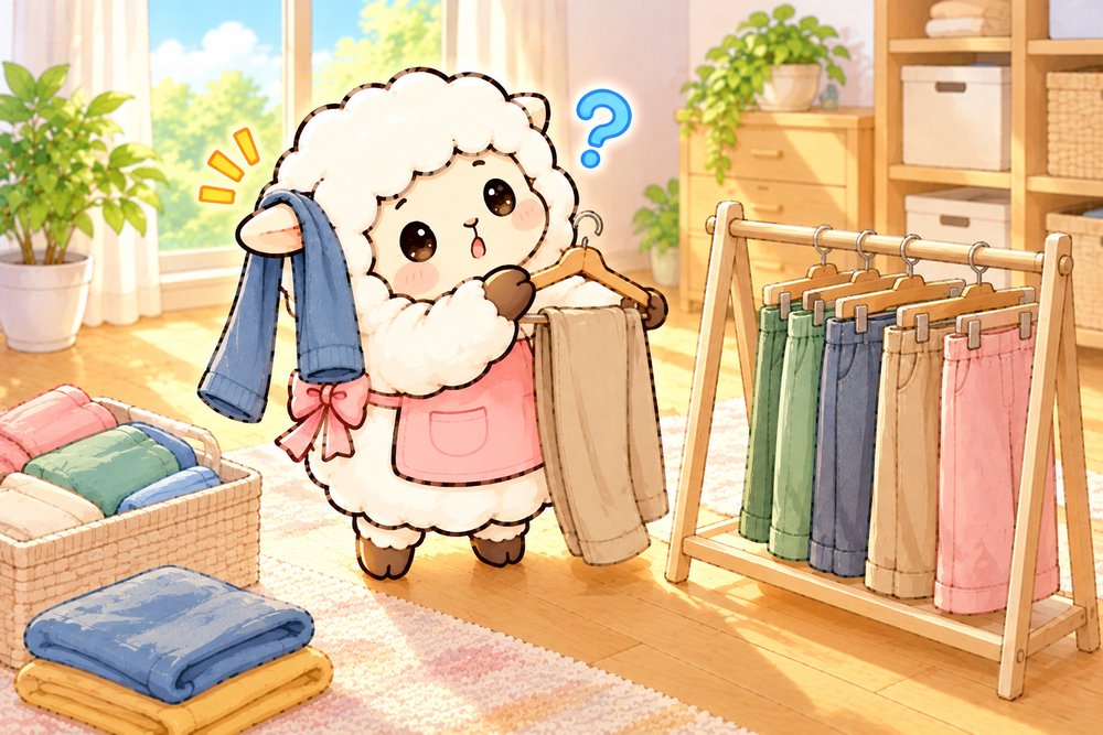 ズボンをハンガーにかけようとして首をかしげるひつじのナビ助
