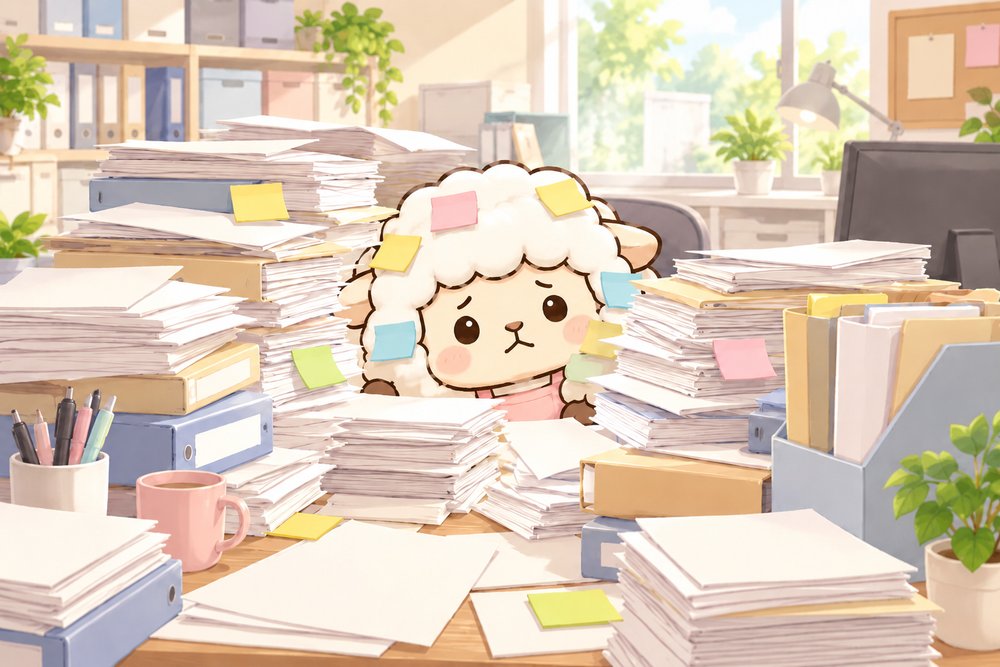 書類の山に埋もれるヒツジのナビ助