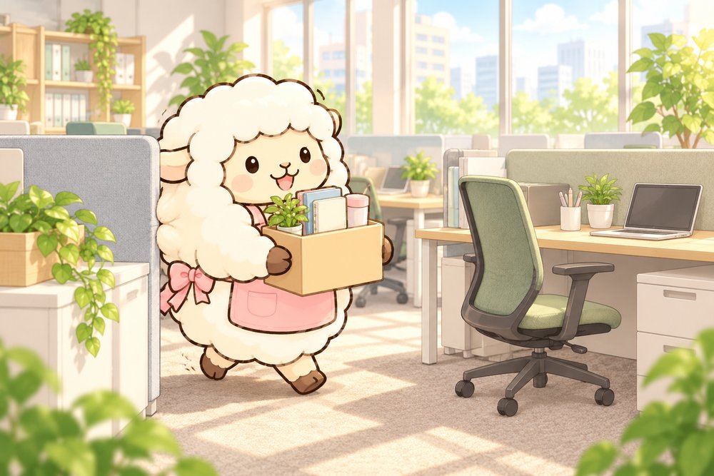 荷物をボックスにまとめて席を移るヒツジのナビ助