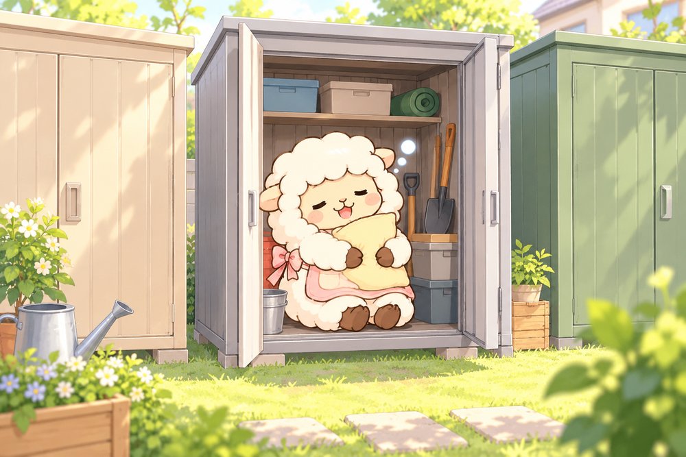 物置の中を見比べてうとうとするナビ助