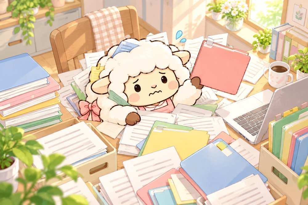 書類の山に埋もれてフォルダを持ち上げるヒツジのナビ助