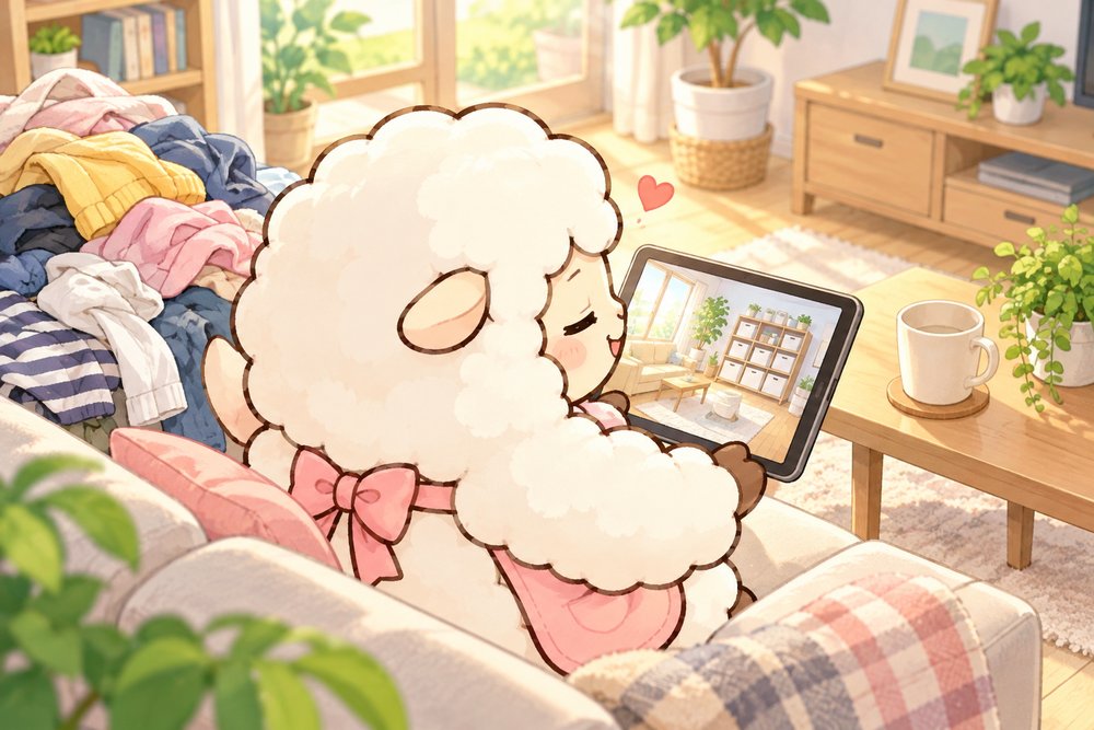 片づいた部屋の動画にうっとりするヒツジのナビ助