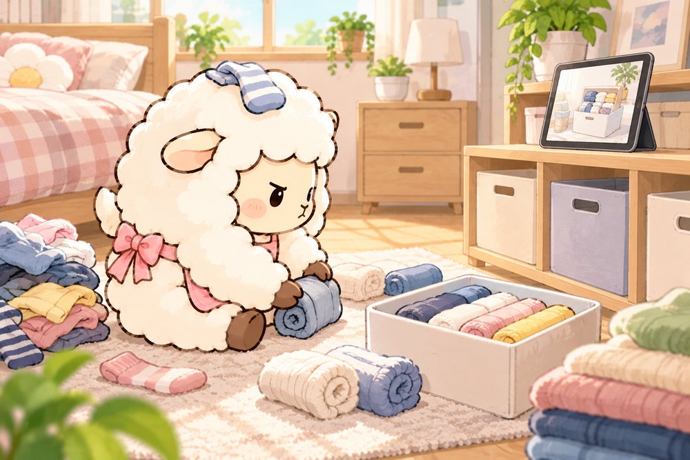 動画をまねて服をたたむヒツジのナビ助