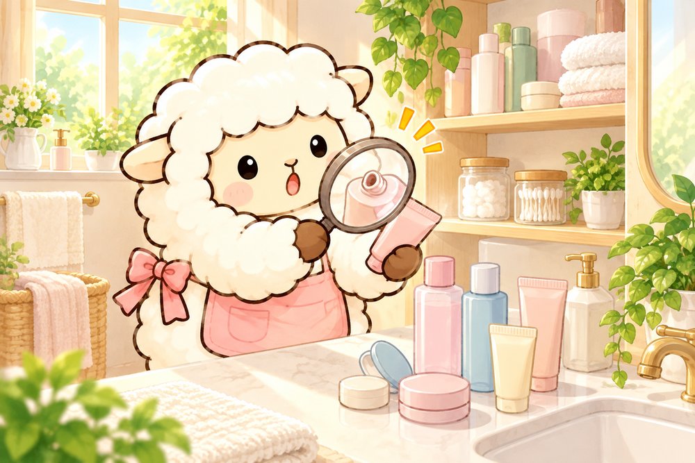 虫めがねで化粧品の使用期限を確かめるひつじのナビ助