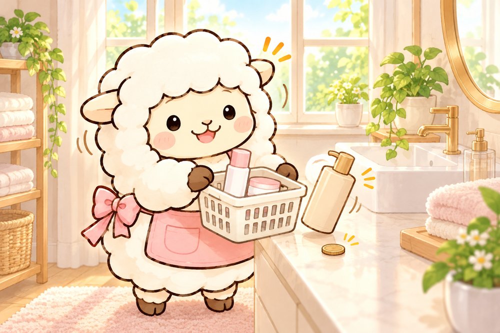 必要な化粧品だけをかごに入れるひつじのナビ助