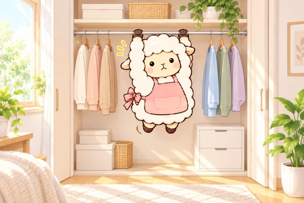 少ない服のクローゼットに自分もぶら下がるヒツジのナビ助