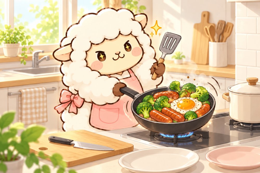 フライパン1つで朝ごはんをまとめて焼くヒツジのナビ助
