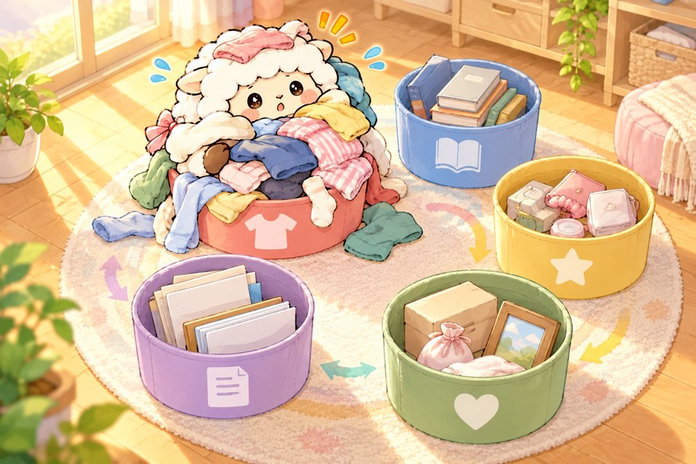 服の山に埋もれてカゴを見回すひつじのナビ助