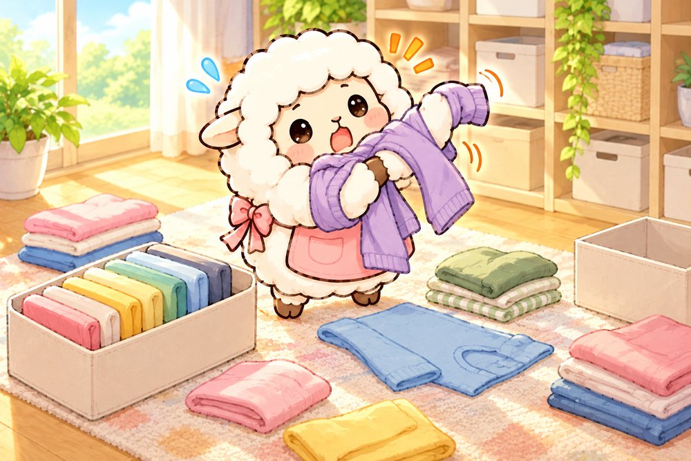 服をたたもうとして袖がからまるひつじのナビ助