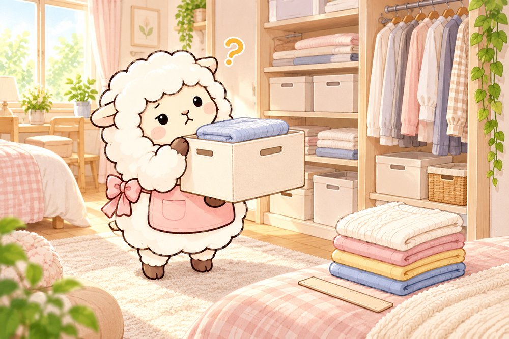 収納ボックスに合わせて洋服のたたみ方を考えるひつじのナビ助