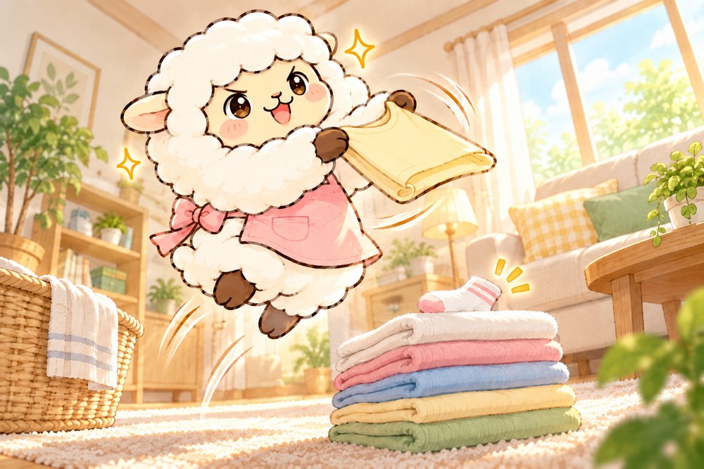 ジャンプしながら洋服を時短でたたむひつじのナビ助