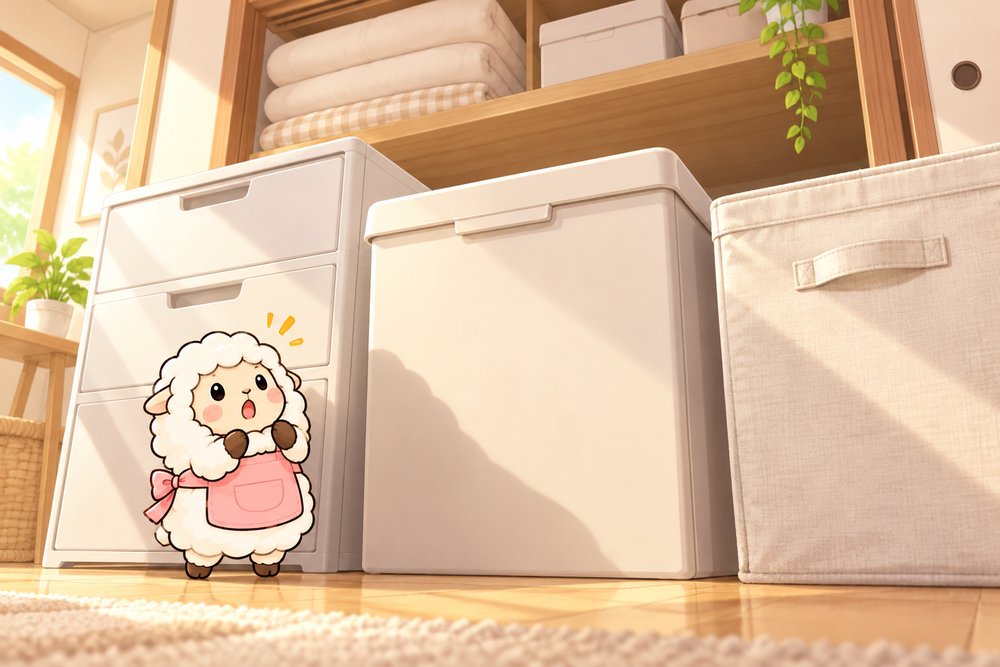 大きな衣装ケースを見上げて驚くひつじのナビ助
