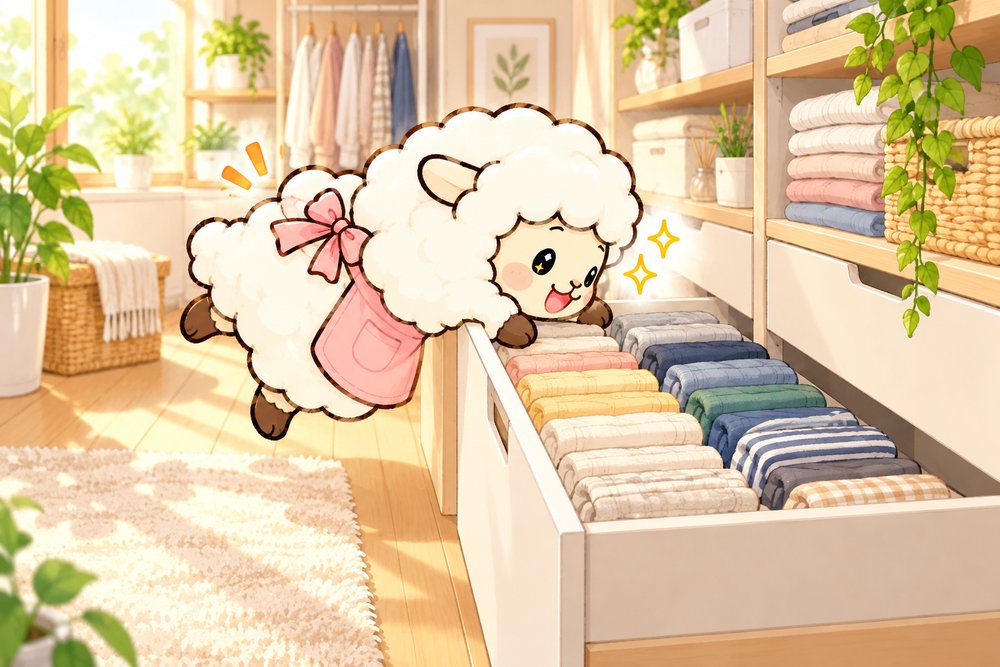 引き出しの洋服を色別に並べて覗き込むひつじのナビ助