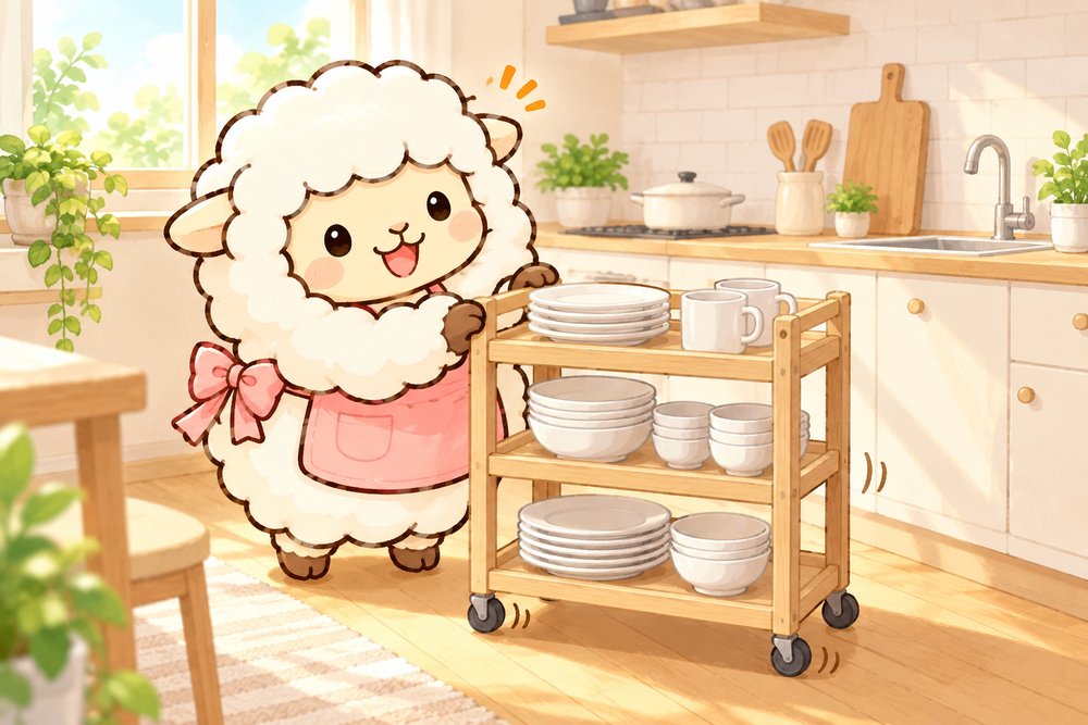 ワゴンで食器を収納するひつじのナビ助