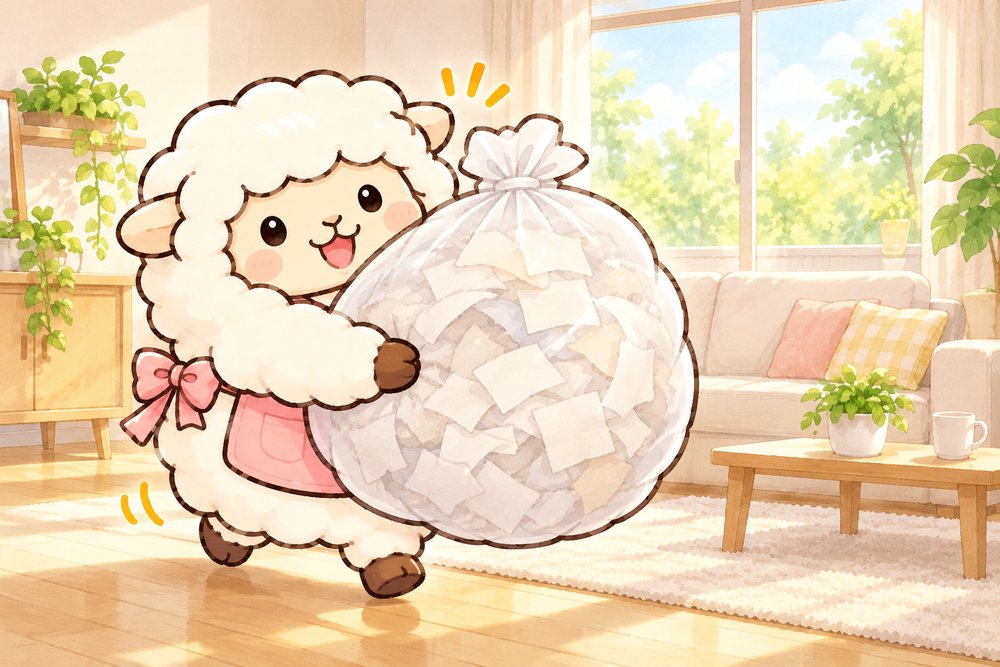大きなゴミ袋を抱えて断捨離を始めるひつじのナビ助