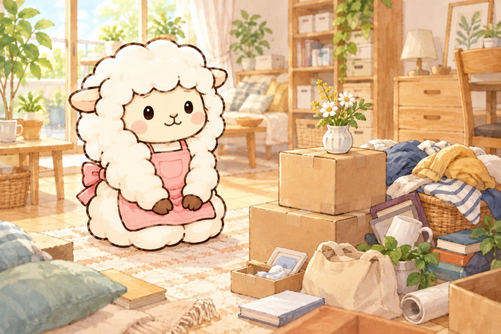 散らかった部屋で正座して深呼吸する羊のナビ助