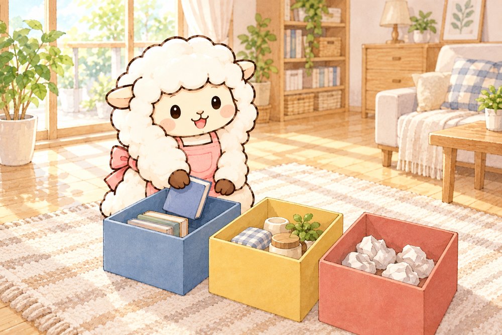 3つの箱に仕分けをする羊のナビ助