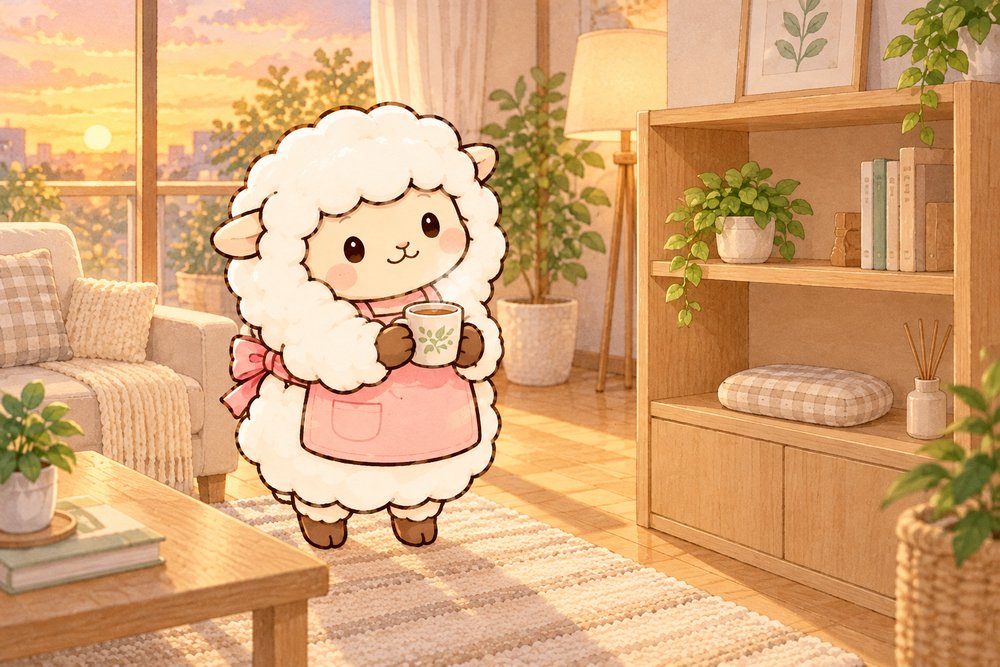 すっきりした棚を眺めてお茶を飲む羊のナビ助