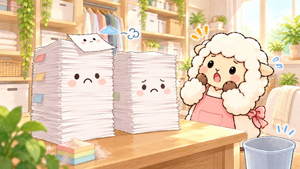 紙の山を見上げてたまった書類に驚くヒツジのナビ助