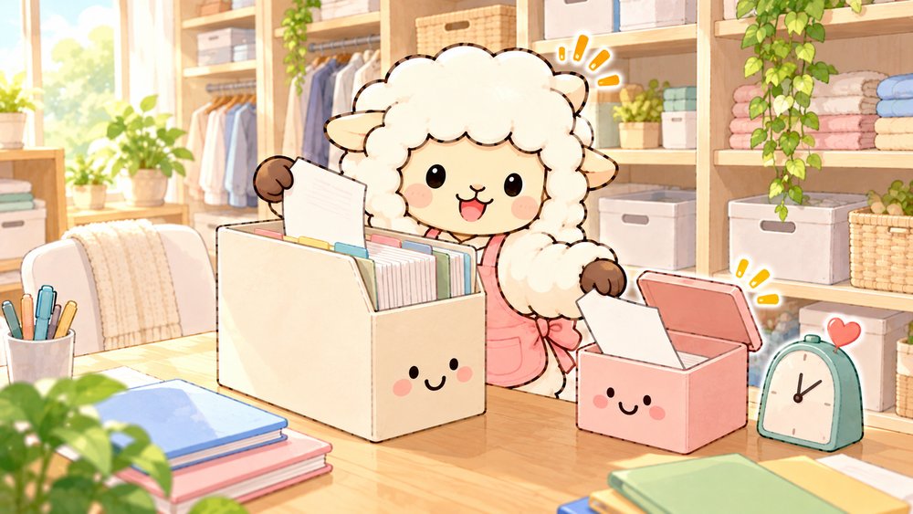 古い書類を手放す箱に移して整理を保つヒツジのナビ助