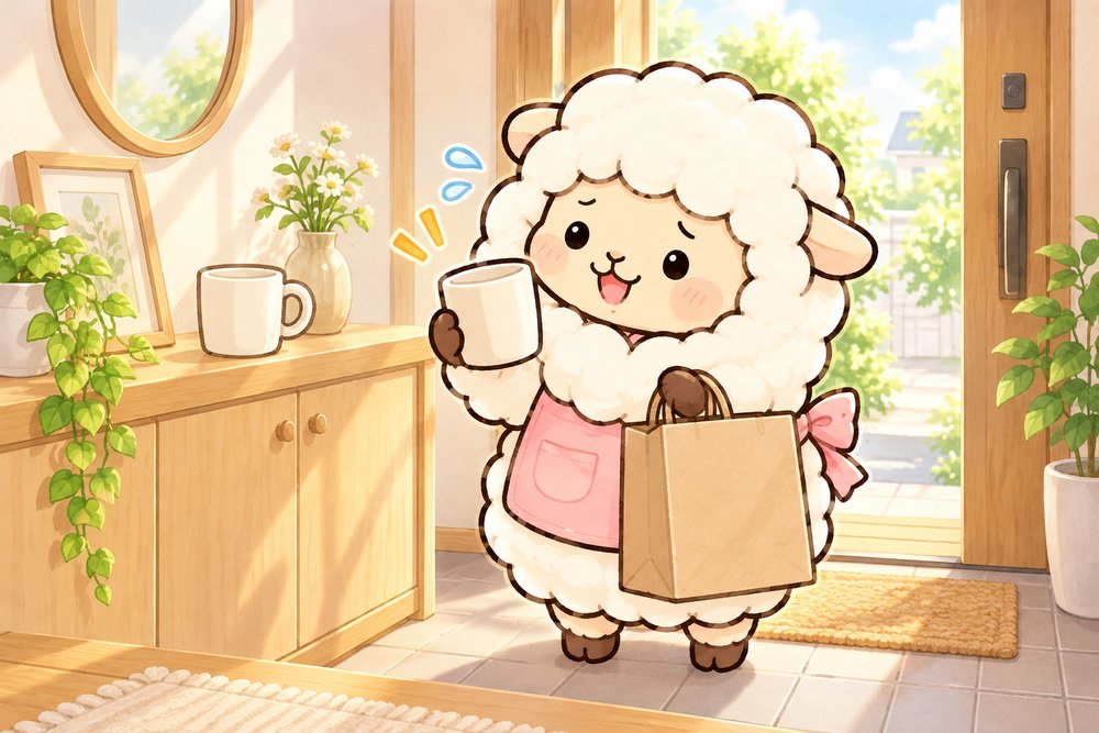 買い直したマグを見て照れ笑いするひつじのナビ助
