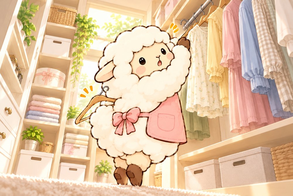 クローゼットに服をかけて毛にもハンガーが引っかかるナビ助