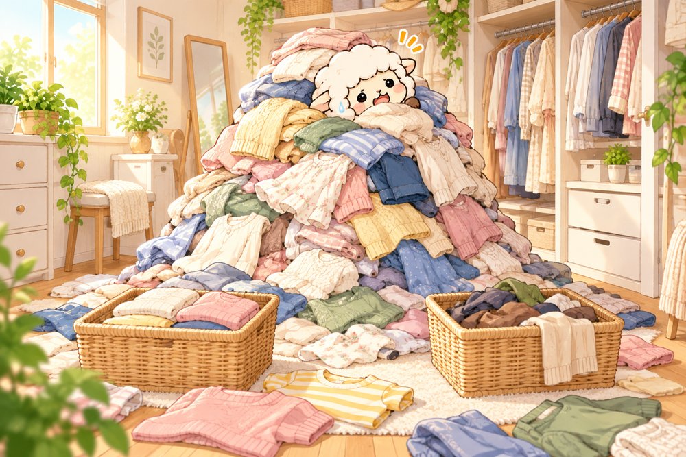 衣替えで服の山に埋もれながら仕分けるナビ助