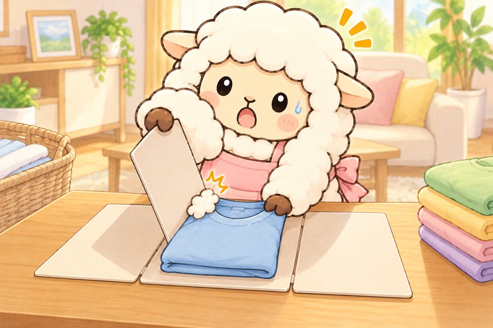 たたみ板でTシャツをたたんで自分の毛までたたみこむヒツジのナビ助